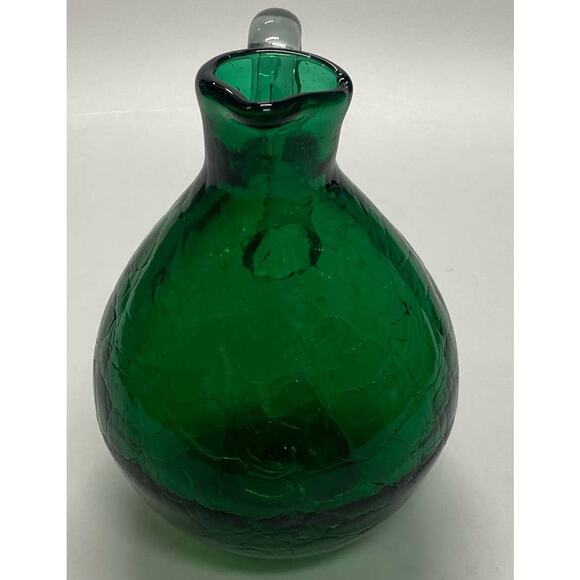 Blenko Green Art Glass Crackled Small Pitcher Clear Handle - Picture 2 of 7